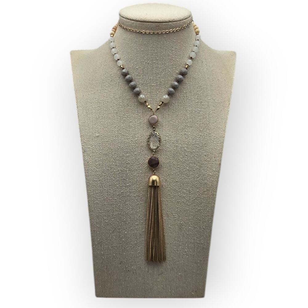 Loft Beaded Tassel Necklace Gold Gray Beads Statement Jewelry - Picture 1 of 8